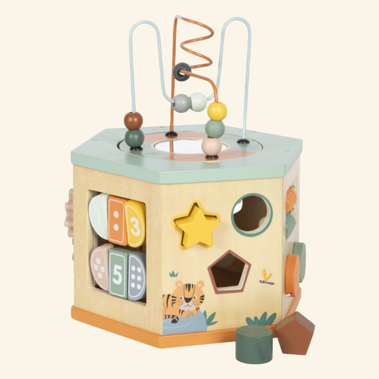 Lesena motorična kocka za otroke – aktivnostna kocka Safari