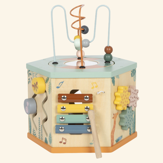 Lesena motorična kocka za otroke – aktivnostna kocka Safari