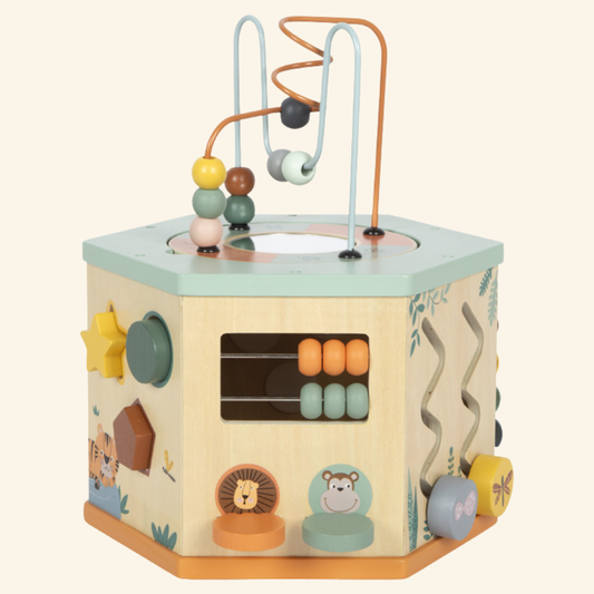 Lesena motorična kocka za otroke – aktivnostna kocka Safari