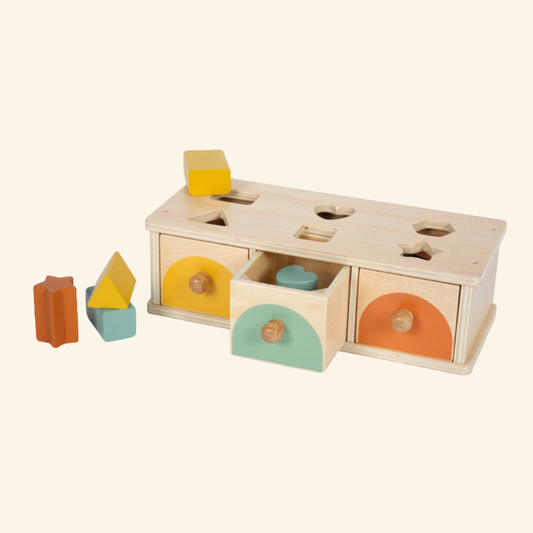 Montessori igra razvrščanja – lesena škatla z barvnimi predali in oblikami