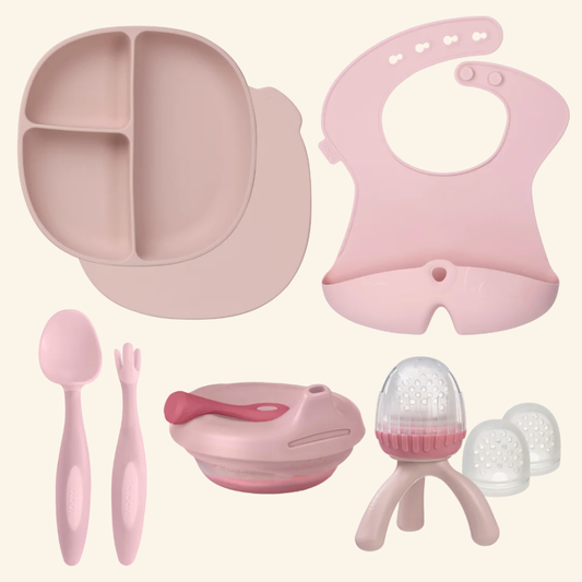 Komplet za hranjenje dojenčka roza – silikonski set za uvajanje goste hrane