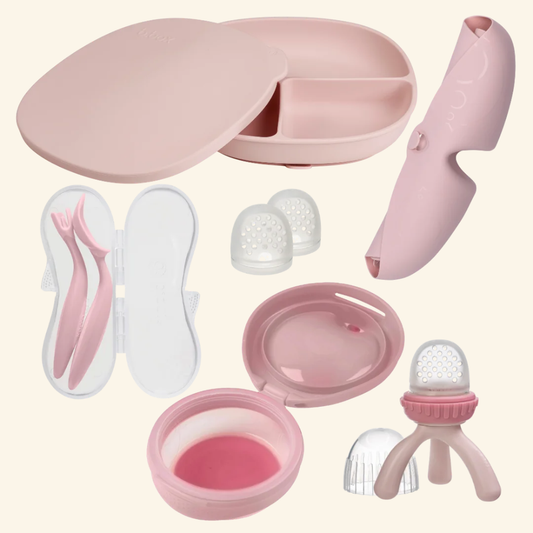 Komplet za hranjenje dojenčka roza – silikonski set za uvajanje goste hrane