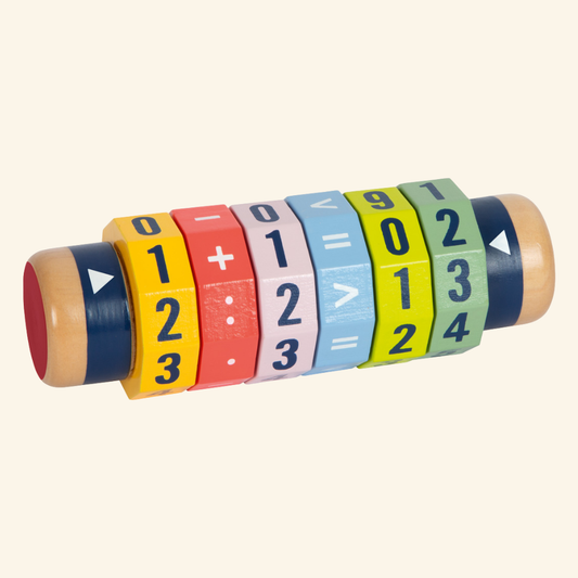 Montessori leseni matematični kalkulator na kolesih – učna igra za računanje