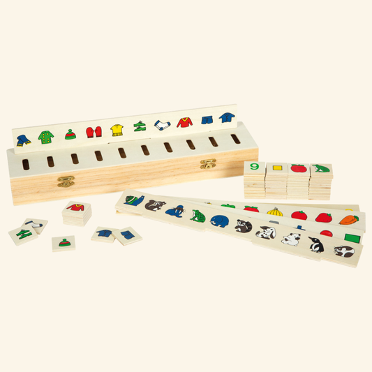 Montessori škatla za razvrščanje slik – lesena učna igra s simboli in barvami