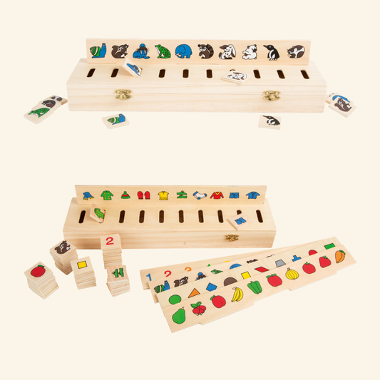 Montessori škatla za razvrščanje slik – lesena učna igra s simboli in barvami