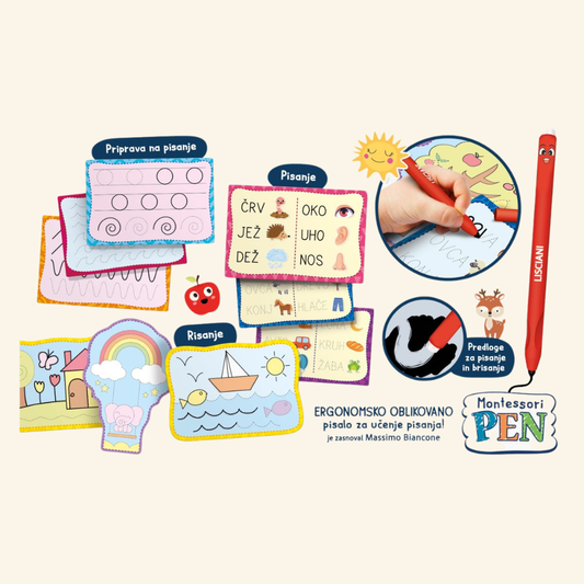 Lisciani Montessori piši-briši komplet za učenje pisanja (+ ergonomsko pisalo)