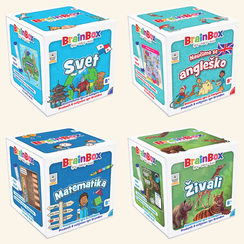 BrainBox Set Angleščina, Svet, Matematika, Živali  – spominske igre s kartami